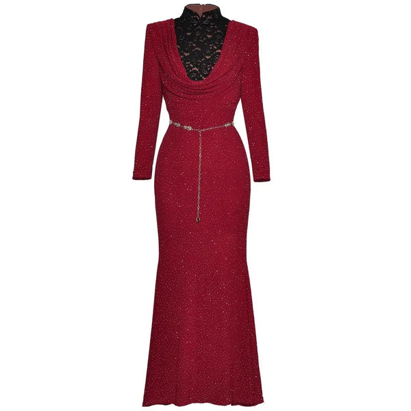 Gorgeous Women's Stand Up Lace Collar Trumpet Long Skirt Riveted Bottom Dress