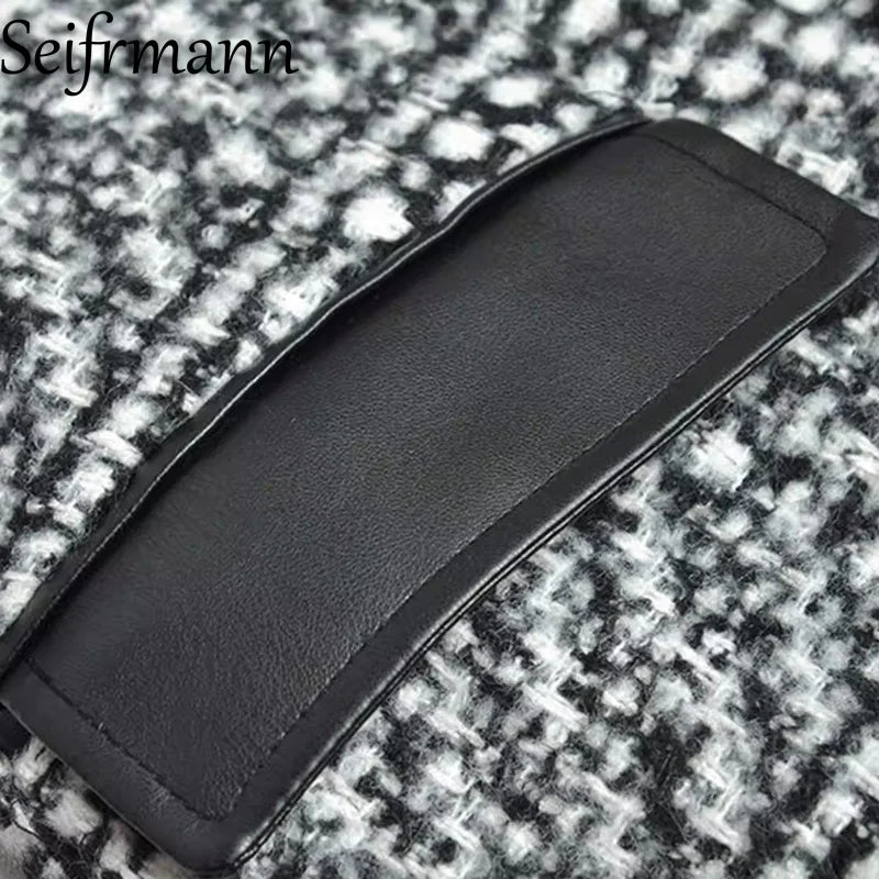 Women's Woolen Plaid Double Breasted With Leather Collar Long Coat