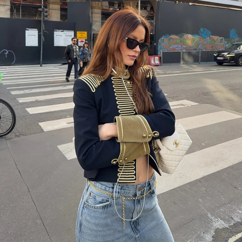 High Neck Cropped Velvet Napoleon Style Jackets Fireman Clasp