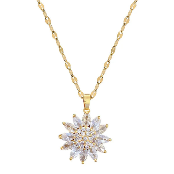 Luxury Zircon Sunflower Pendant Necklace For Women 316L Stainless Steel