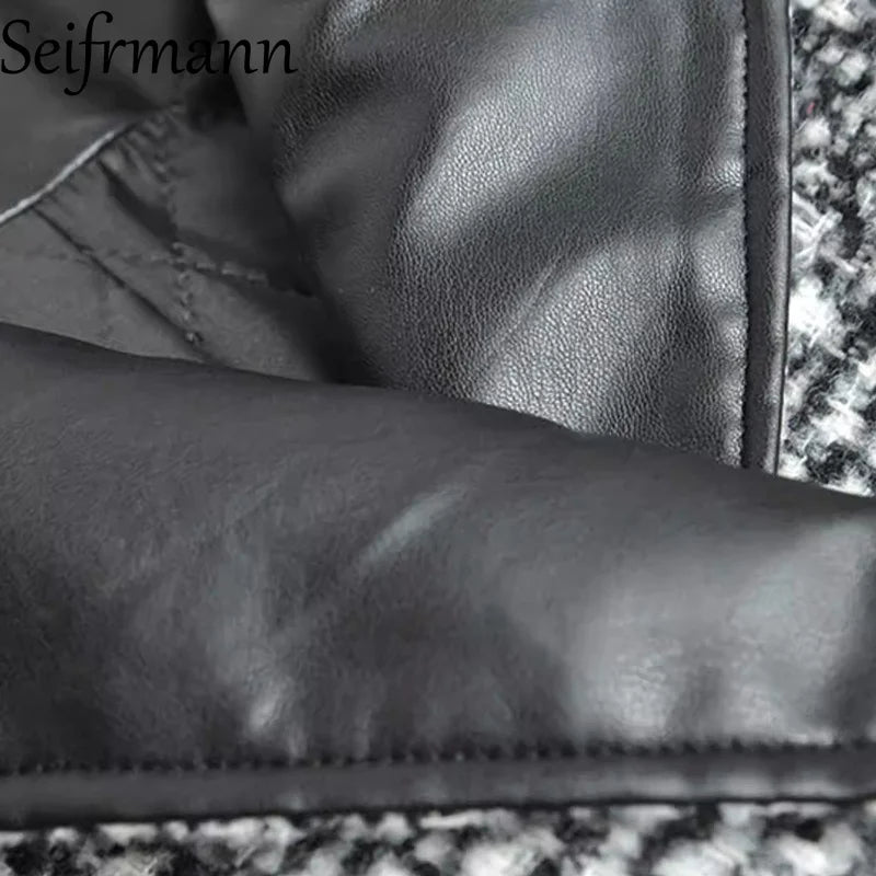 Women's Woolen Plaid Double Breasted With Leather Collar Long Coat