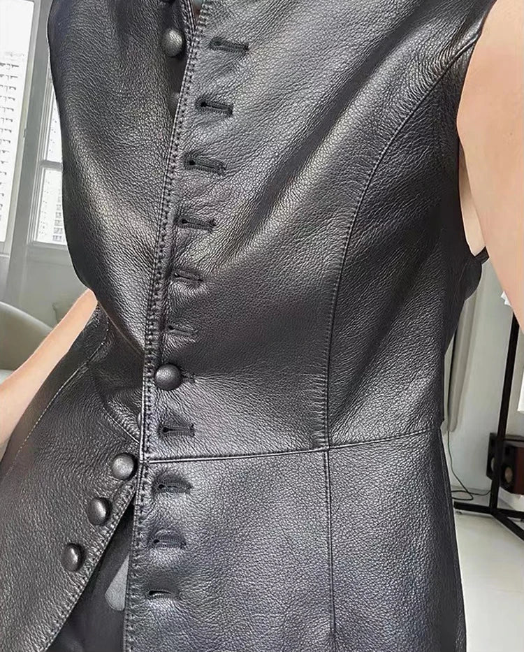 Women Genuine Lambskin Leather Single Breasted Round Neck Slim Fit Vest