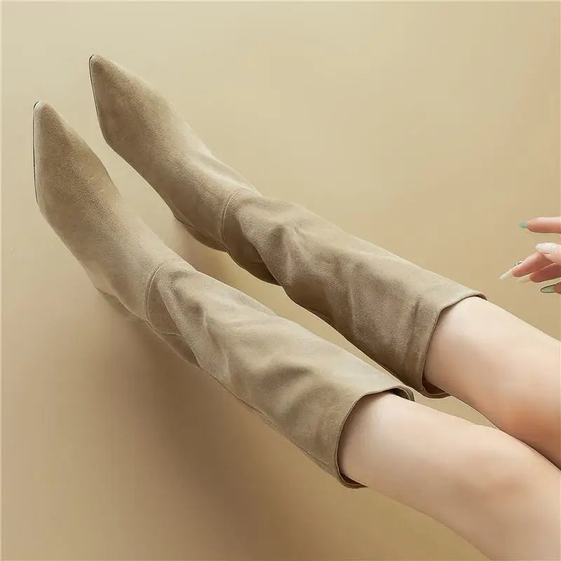 Women's Cow Suede Leather Knee High Boots Pointed Toe Pull On Mid Heels - Frimunt Clothing Co.