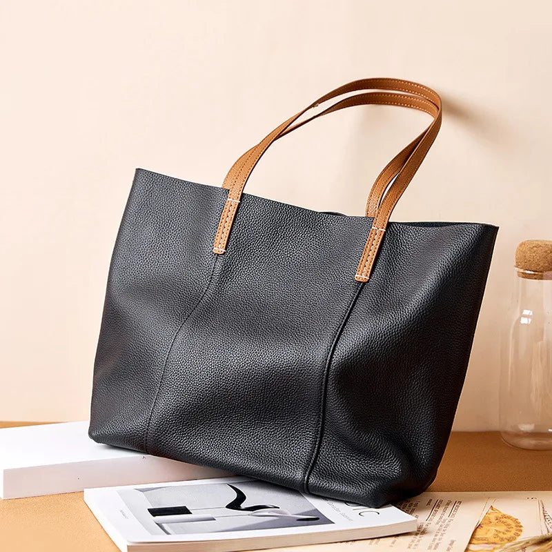 Women's Tote Bag Cow Leather Zipper Soft Shoulder Shopper Bag - Frimunt Clothing Co.