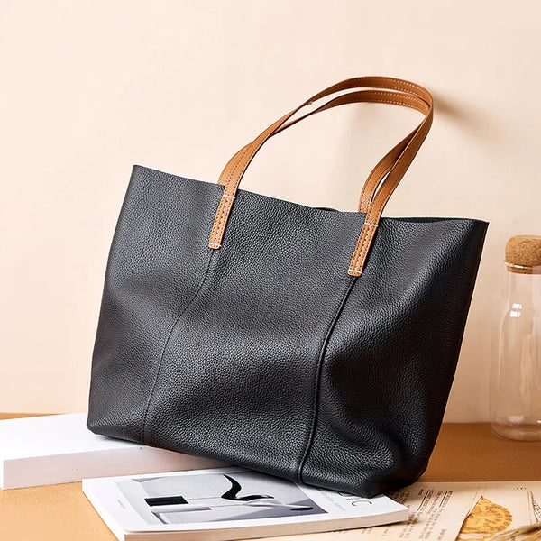 Women's Tote Bag Cow Leather Zipper Soft Shoulder Shopper Bag