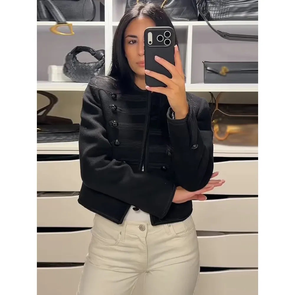 Chic Golden Toggle Button Cropped Jacket Padded Shoulder