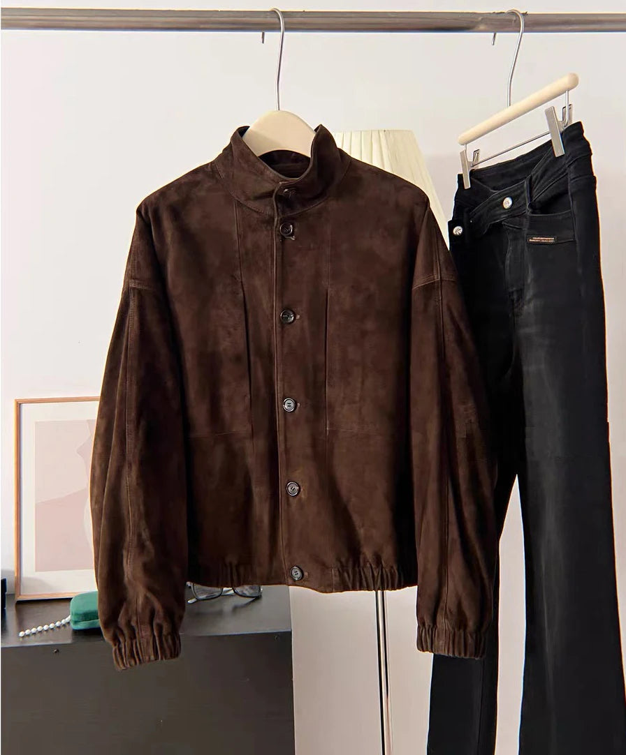 Top Quality Sheepskin Suede Leather Women's Bomber Jacket Stand Collar Elastic Waist