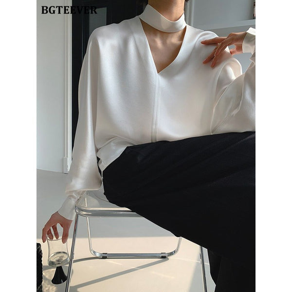 Elegant V-neck Long Sleeve Loose Satin Blouse - Frimunt Clothing Co.