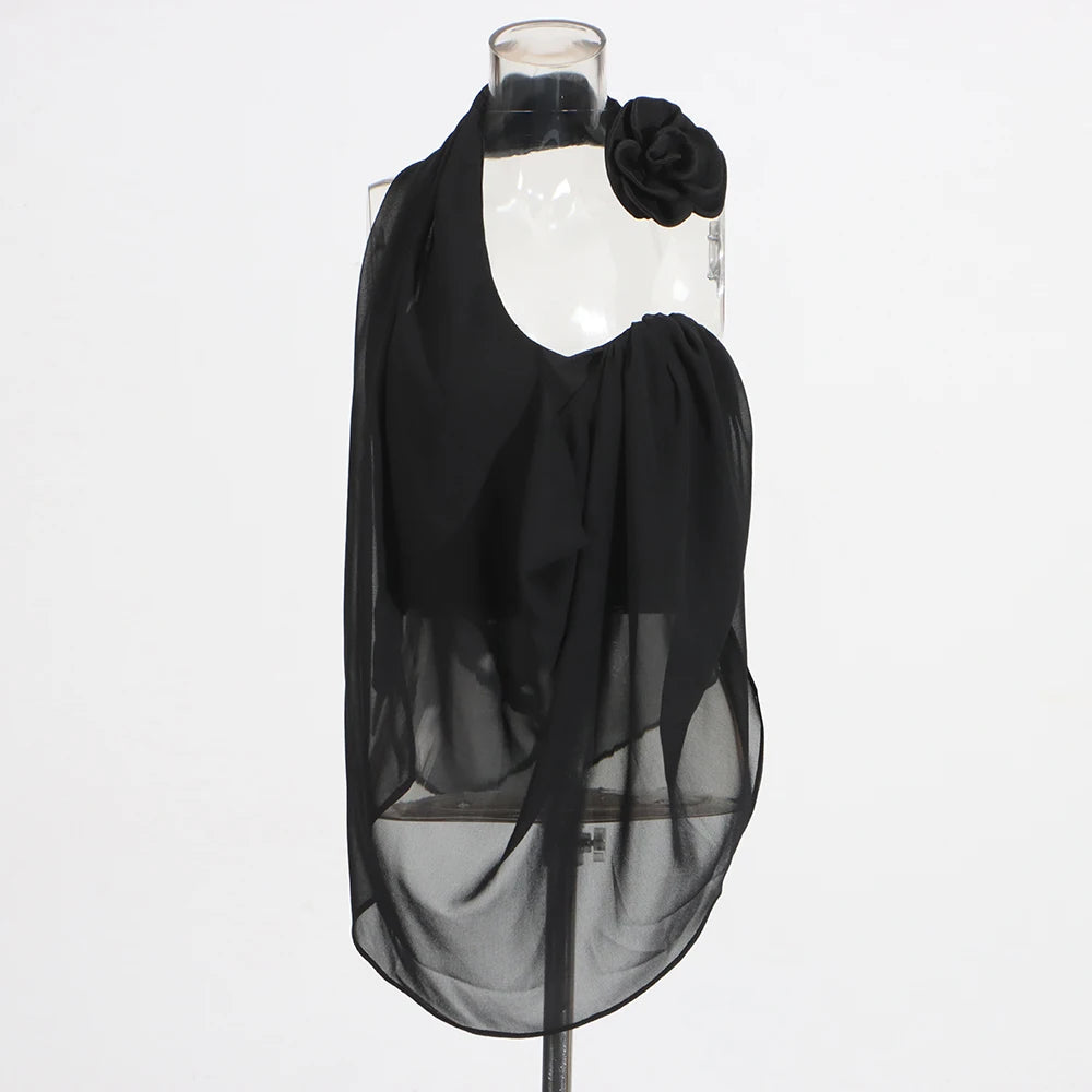 Draped Halter Top – Silk Chiffon with 3D Flower (White & Black) - Frimunt Clothing Co.