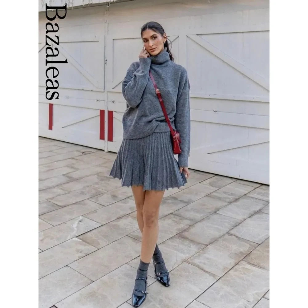 Women's Knit Grey Loose Turtleneck Pullover Sweater + Skirt Set - Frimunt Clothing Co.