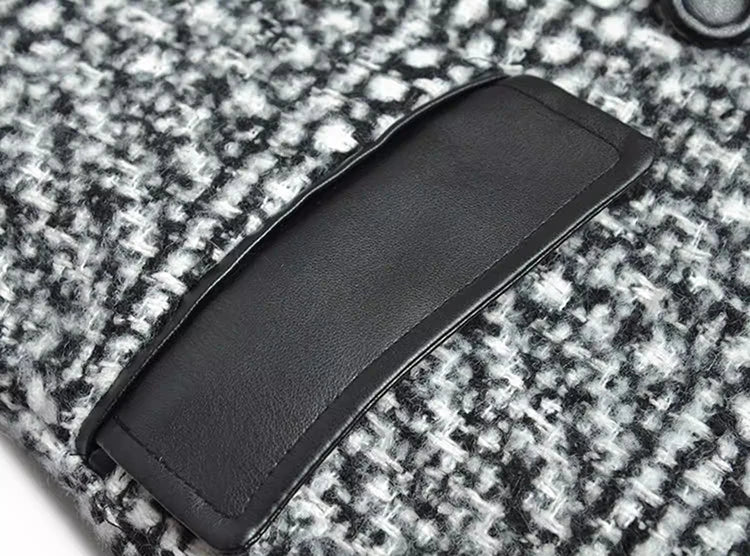 Women's Woolen Plaid Double Breasted With Leather Collar Long Coat