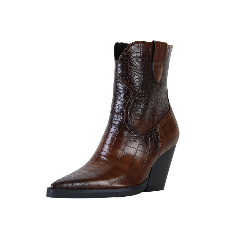 Women's Pointed Toe Croco Pattern High Heels Western Short Boots - Frimunt Clothing Co.