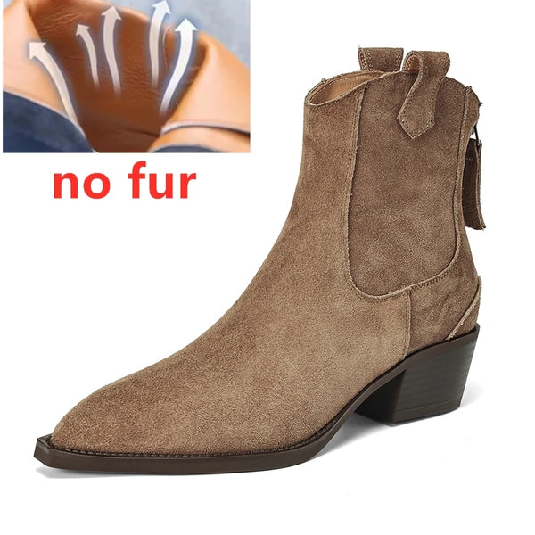 Women's Pointed Toe Zippered Western Genuine Cow Suede Cowboy Boots - Frimunt Clothing Co.