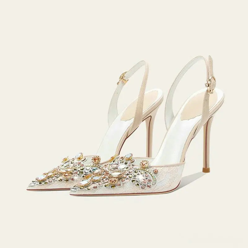 Sandalias de mujer con tiras en la espalda, cristales, punta puntiaguda, tacones altos, zapatos de boda