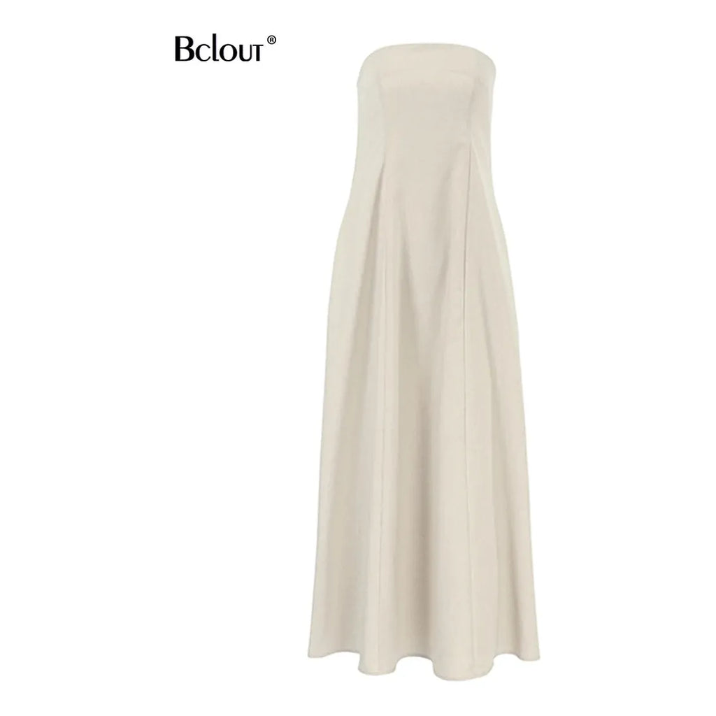 Khaki Linen A-Line Women's Strapless Maxi Summer Dress - Frimunt Clothing Co.