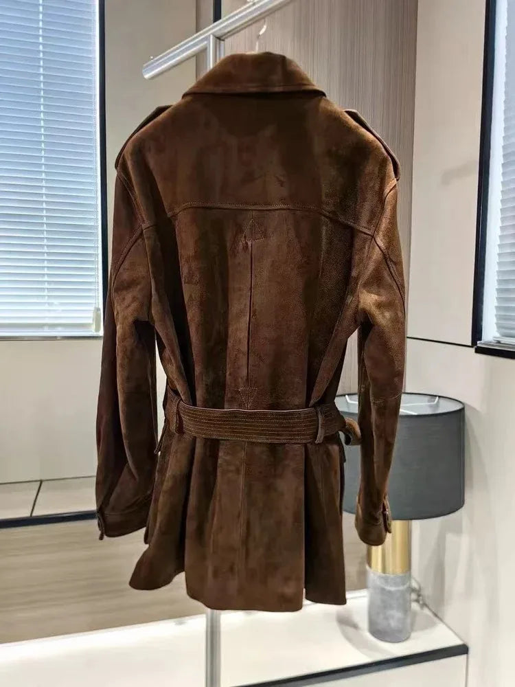 Women‘s Imported Genuine Leather Suede Long Retro Style Jacket With Belt