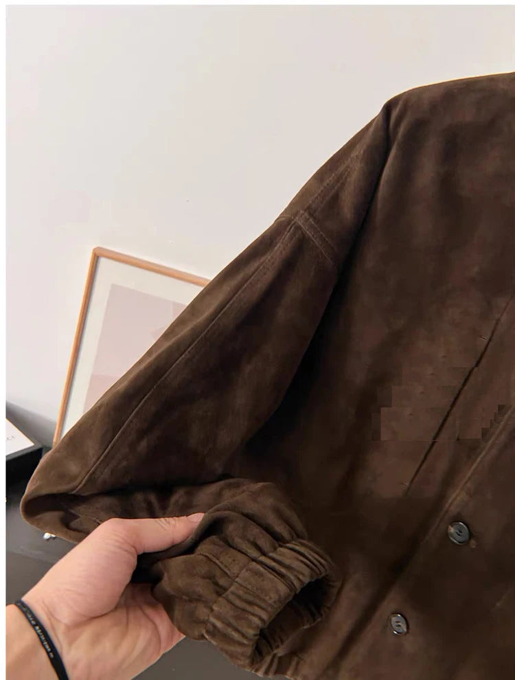 Top Quality Sheepskin Suede Leather Women's Bomber Jacket Stand Collar Elastic Waist