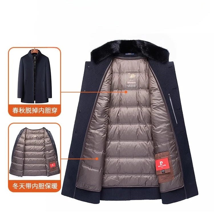 Men's Insulated Wool-Blend Winter Coat Mid-Long Style With Removable Down Filled Liner