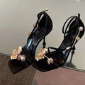 Sculptural Flower High Heel Sandals – Black Strappy Evening Shoes - Frimunt Clothing Co.