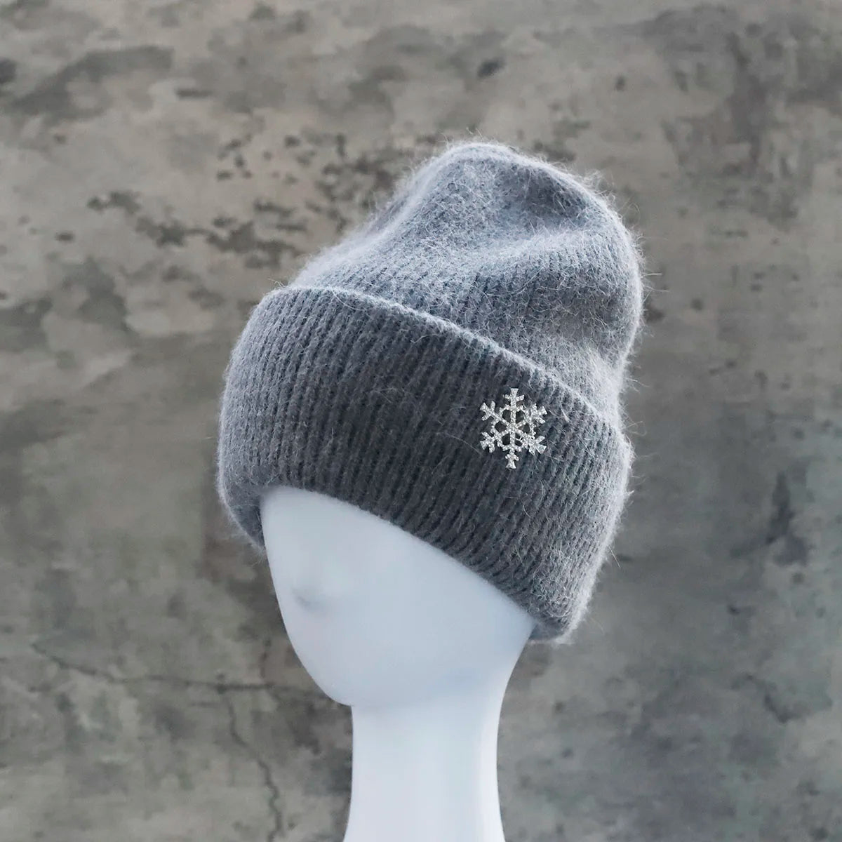 Women's Winter Knit Cuff Hat Real Warm Rabbit Hair Snowflake Pin Solid Colors - Frimunt Clothing Co.
