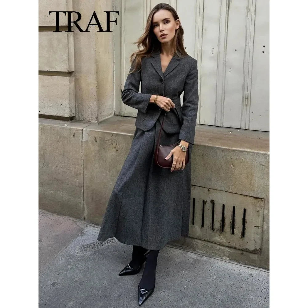 Autumn Women Fashion Suits Trend, Solid V Neck Textured Slim Blazer + With Pleated Skirt - Frimunt Clothing Co.