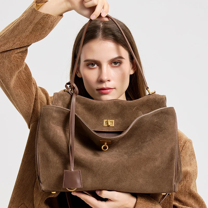 Bolso de ante suave de piel auténtica de gran capacidad para mujer