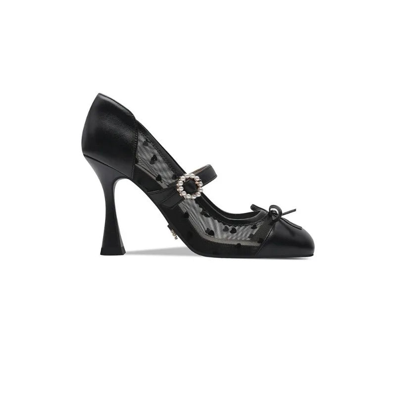 Women's Leather and Mesh High Heels Mary Jane Pumps - Frimunt Clothing Co.