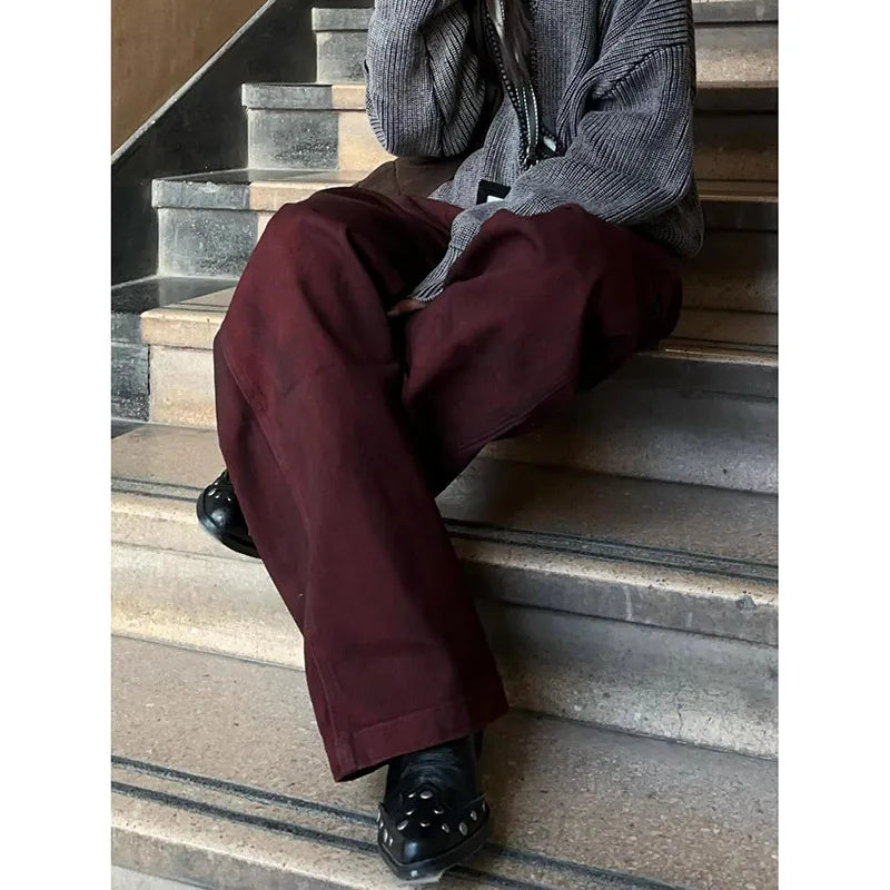 Women's Fall Fashion Burgundy Jeans High Waist Retro American Style Denim Pants - Frimunt Clothing Co.