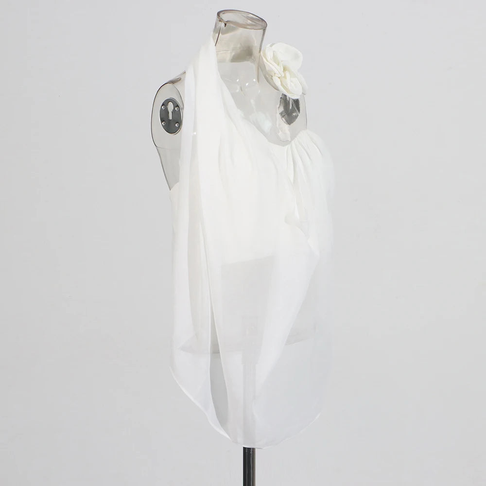 Draped Halter Top – Silk Chiffon with 3D Flower (White & Black) - Frimunt Clothing Co.