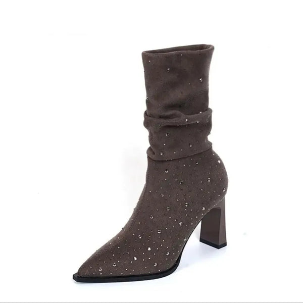 Women's Fashion High Heel Pointy Suede Sleeve Sequined Pleated Boots