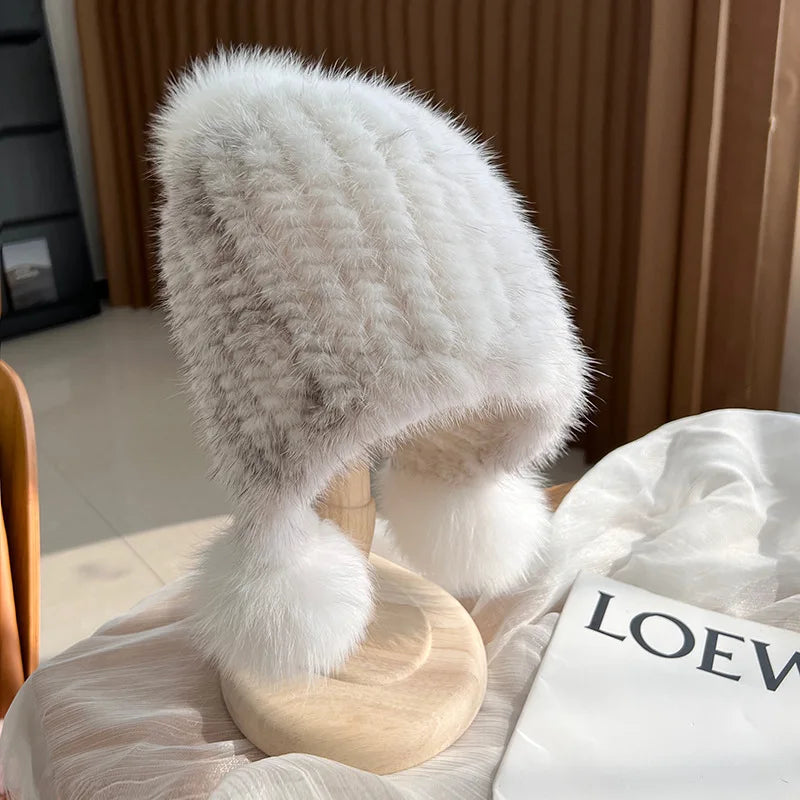 Winter Hot Sale Real Mink Fur Knitted Hat For Women With Fur Pompoms - Frimunt Clothing Co.
