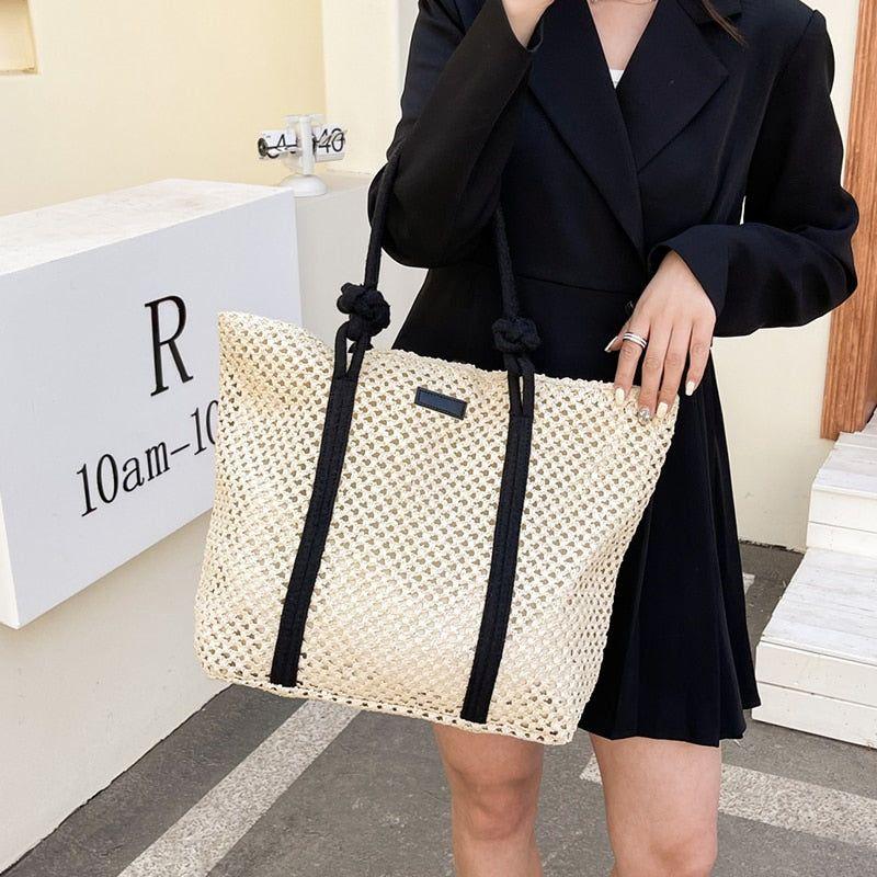 Hand-Woven Natural Straw Beach Tote Handbag Knotted Shoulder Strap Large Capacity - Frimunt Clothing Co.