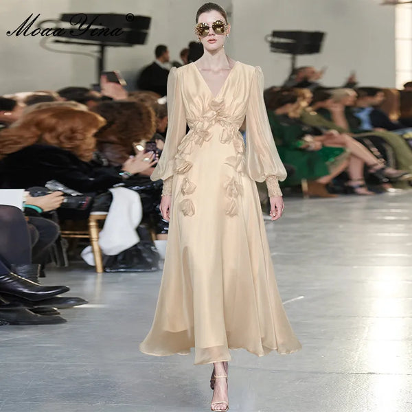 Designer Women's Elegant V-Neck Lantern Long Sleeve Lace-up Backless Dress - Frimunt Clothing Co.