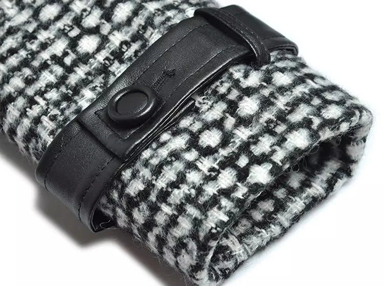 Women's Woolen Plaid Double Breasted With Leather Collar Long Coat