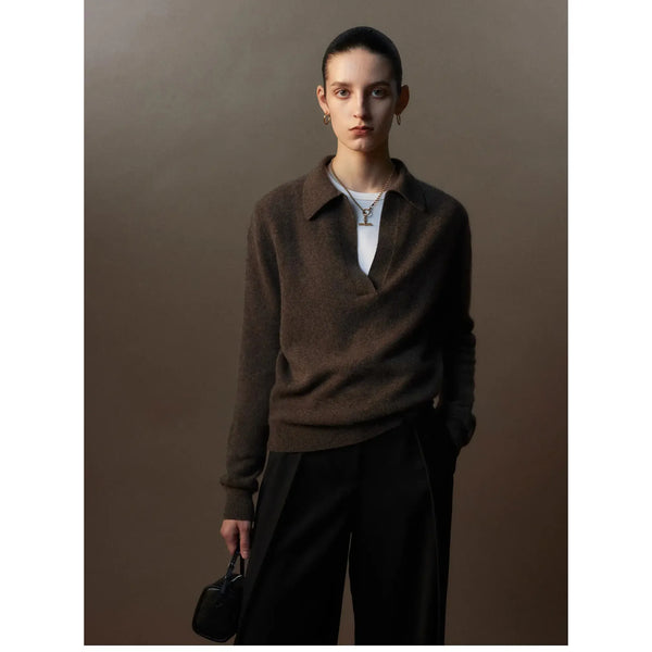 100% Cashmere Polo Scissors Collar Knit Sweater