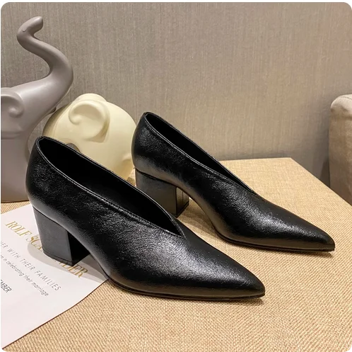 Pointed Toe Leather  V Cut Pump Kitten Heel or Chunky Heel Shoes