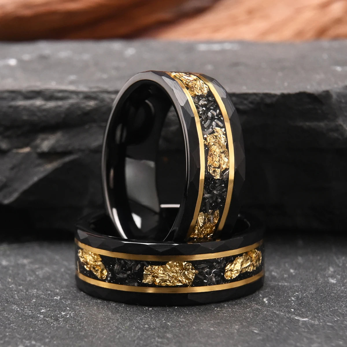 Classic Tungsten Carbide 8mm Ring Black with Golden Foil Wedding Engagement Ring for Men - Frimunt Clothing Co.
