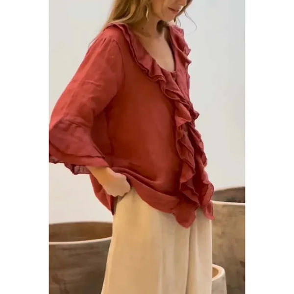 Lena Relaxed Boho Style Blouse with Flounce Neckline 3/4 Sleeve - Frimunt Clothing Co.