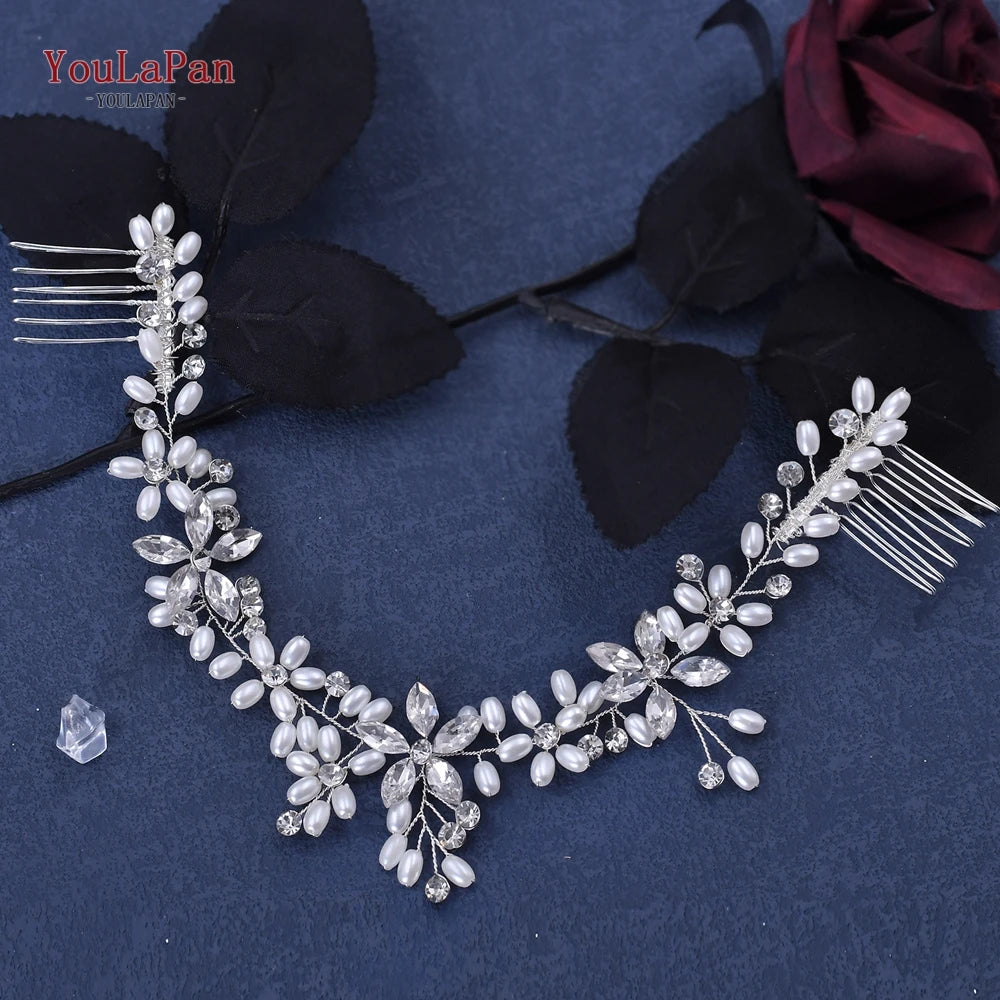 Pearl Wedding Headband with Combs Woman Hair Clip Bride Tiara Headpiece Rhinestone Bridal Headwear - Frimunt Clothing Co.