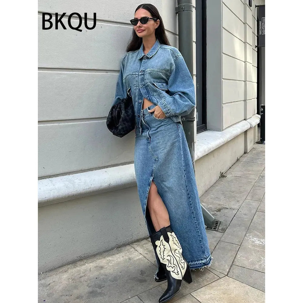 Women's High Waist Front Slit Long Denim Skirts Frayed Raw Hem - Frimunt Clothing Co.