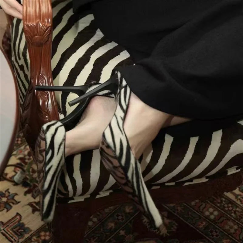 Women's Luxury Pointed Toe Backless Slip On Thin Stiletto Zebra Mules