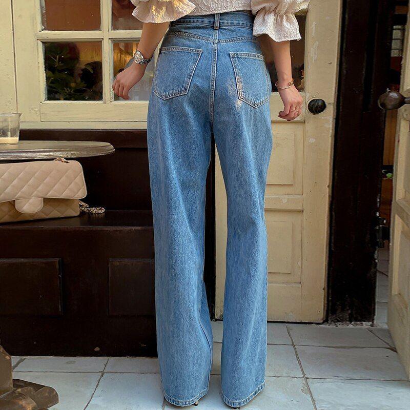SuperAen Women's Chic Retro Irregular Waist Button Design Wide Leg Jeans - Frimunt Clothing Co.