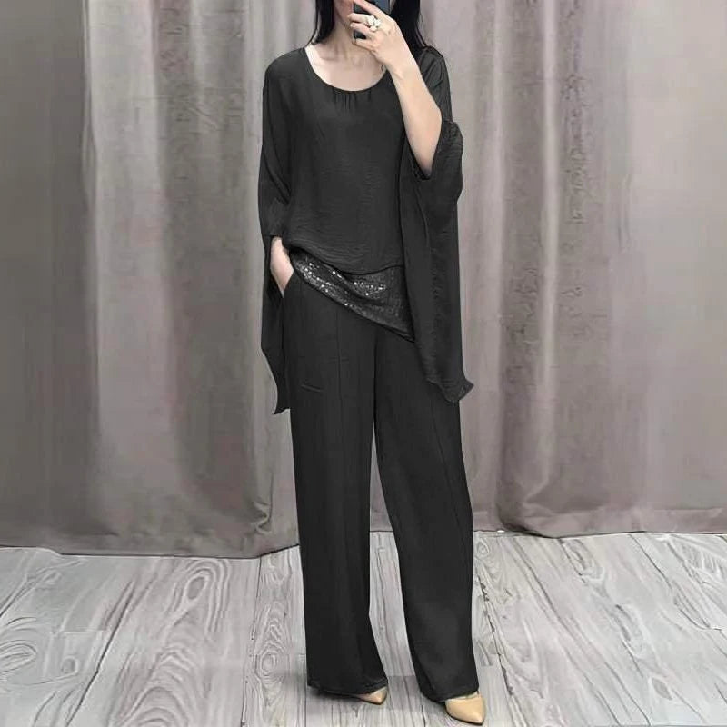 Women's Spring Retro Outfit Casual Round Neck Batwing Sleeve Top & Long Loose Pants Set Summer 2pcs Suit - Frimunt Clothing Co.