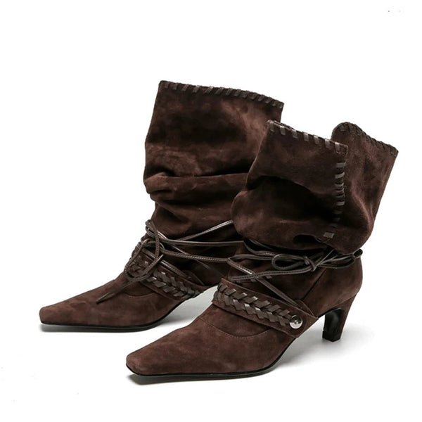 Autumn Winter Brown Suede Weave Lace-up Women Pleated Ankle Boots