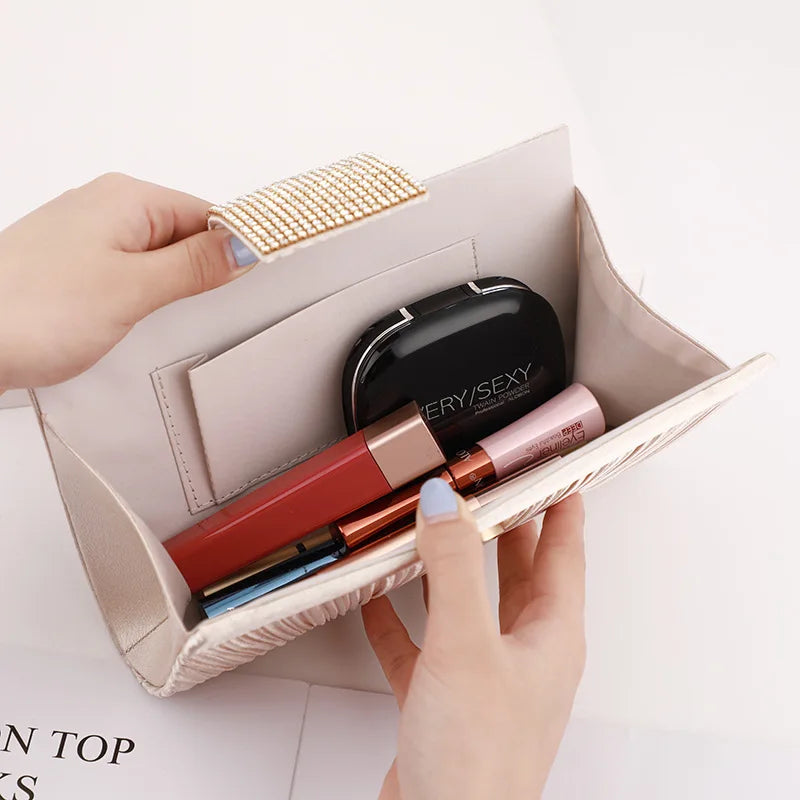 Pleated Satin And Rhinestones Evening Bag Light Party Clutch - Frimunt Clothing Co.