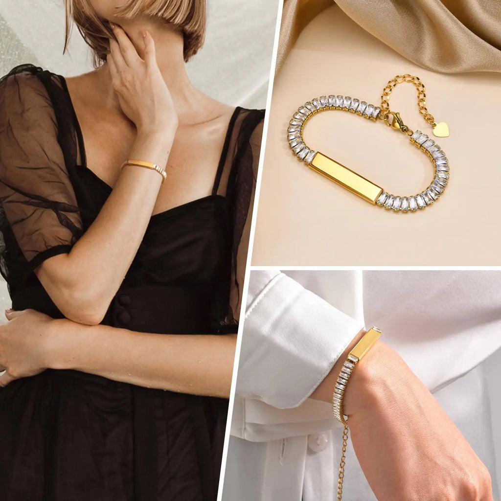 Women's Sparkle ID Bracelet Engraved Bar Personalized Tennis Bracelets Cubic Zirconia Stainless Steel Chain Adjustable 6.3-8.3" - Frimunt Clothing Co.