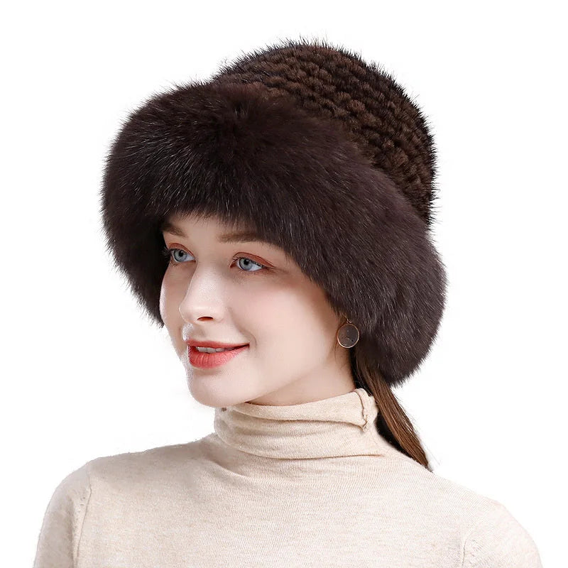 Women's Real Knit Natural Mink Fur Luxury Hat Handmade Winter Headwear - Frimunt Clothing Co.