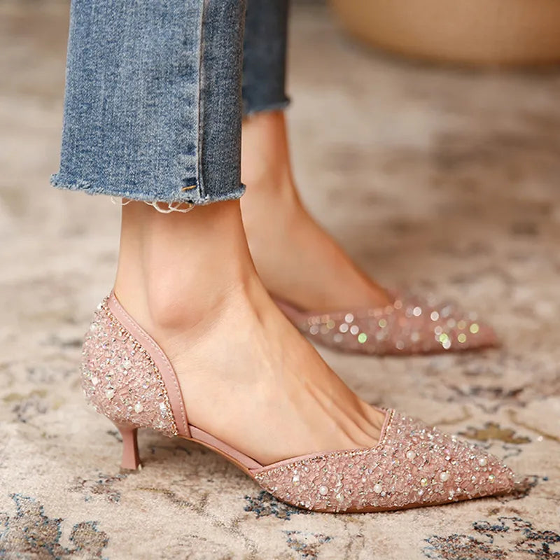 Women's Crystal Pointed Toe Medium Heel Pumps - Frimunt Clothing Co.