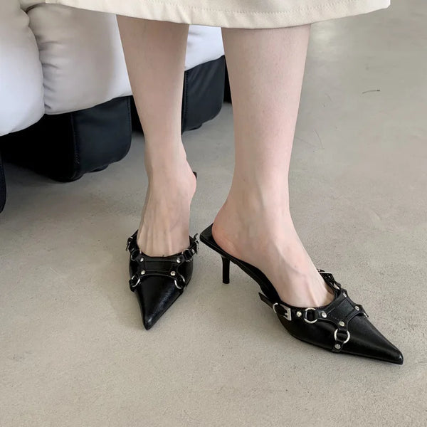 Women's Pointed Toe Eco Leather Slide Mules Shoes Comfortable Medium Heel - Frimunt Clothing Co.