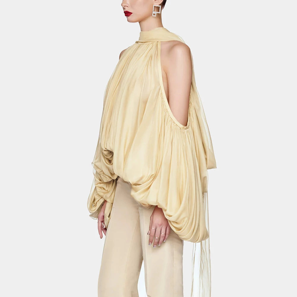 Draped Lantern Sleeve Halter Top – Silk Blend Statement Blouse - Frimunt Clothing Co.